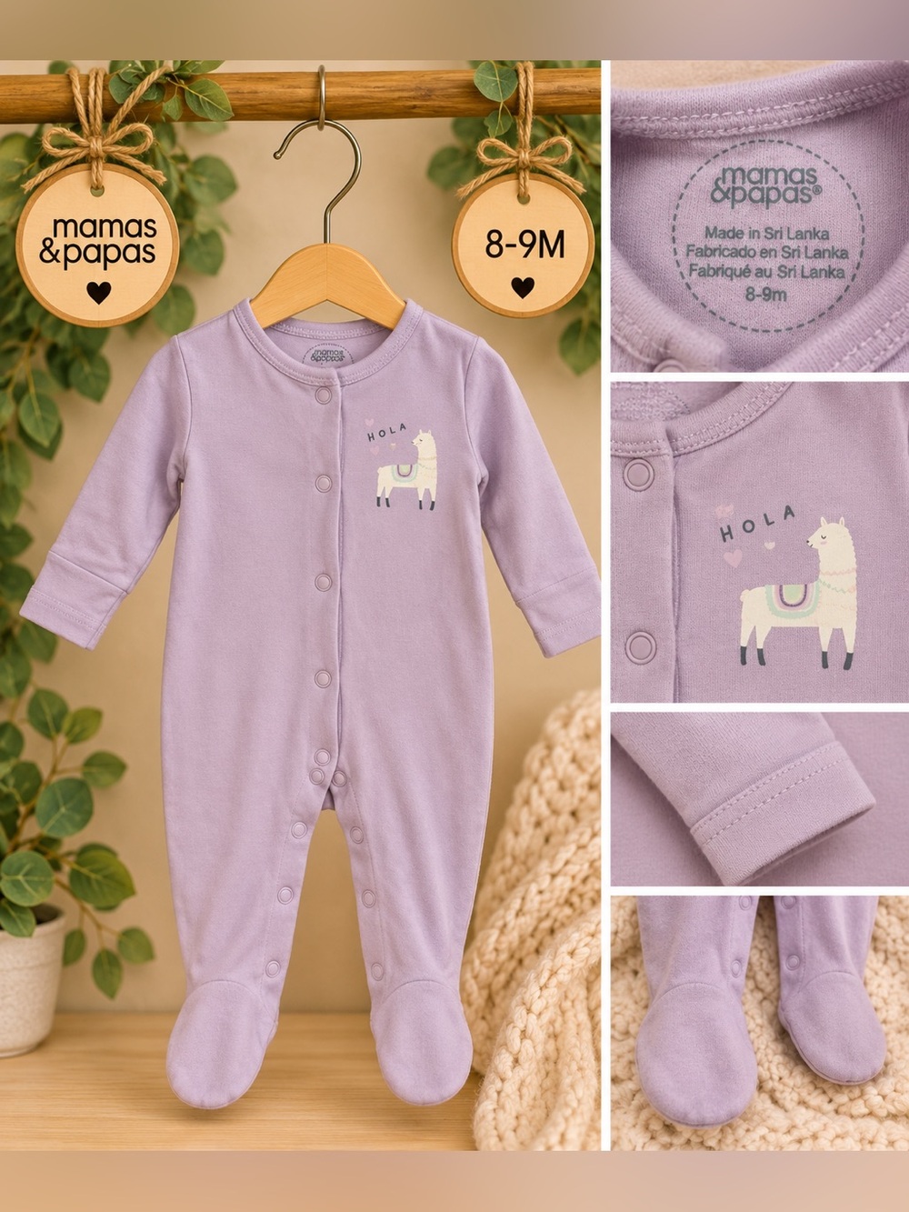 Mamas & Papas 8–9M Lavender Llama Footed Sleeper | Snap-Up Baby Pajamas